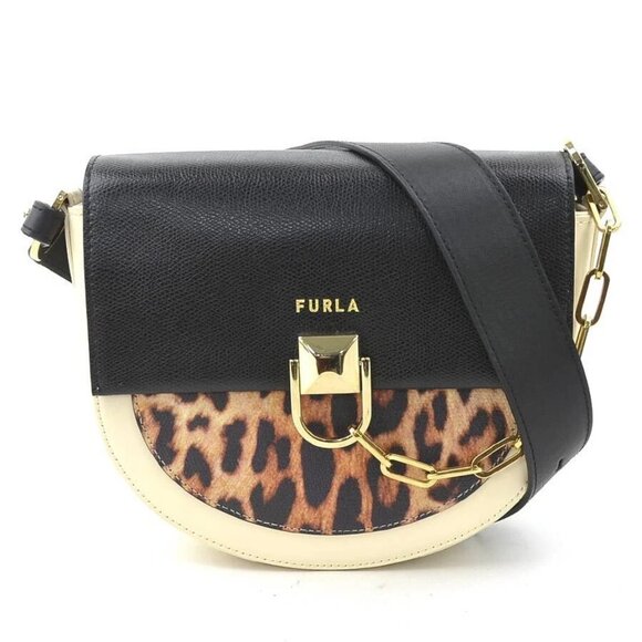Auth Furla Leopard Shoulder Bag Light Beige/Black/Brown Leather - Picture 1 of 15